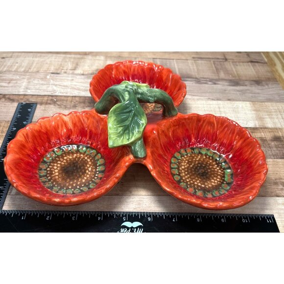 Maxcera Handcrafted Ceramic Sunflower Triple Bowl Dish - Picture 5 of 5